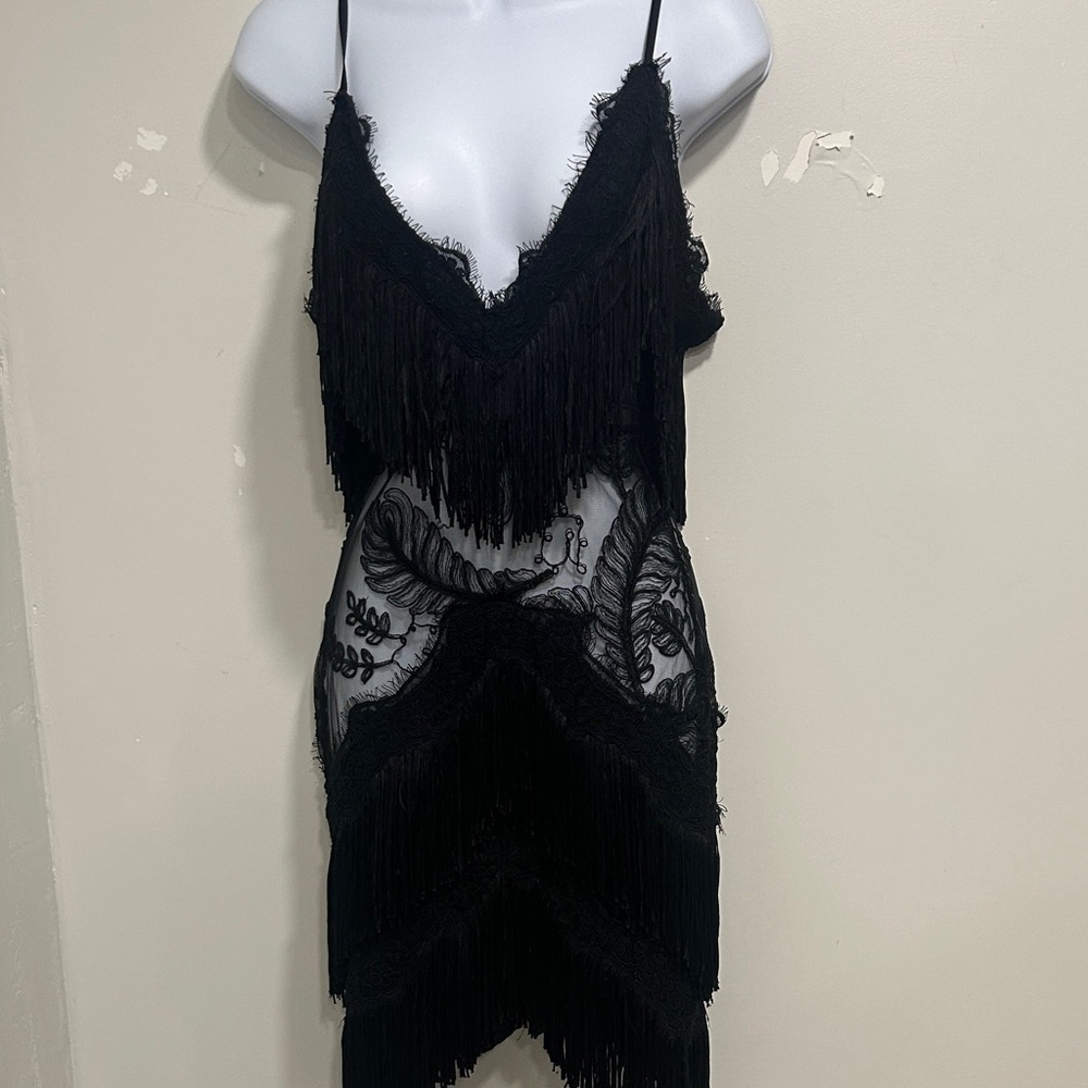 Banjul Black Lace Fringe Mini Dress V-Neck Sleeveless Party Cocktail S